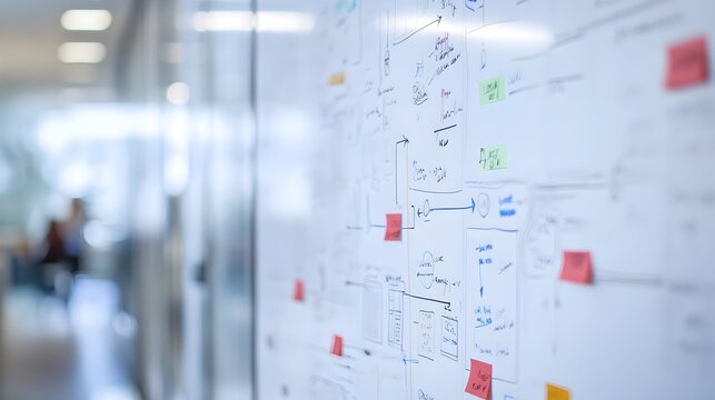 Detailed Whiteboard Filled with Strategic Plans and Diagrams for Business Success