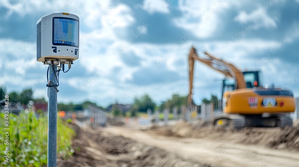 Poster photograph of an iot powered weather monitoring station installed at a road construction site featur