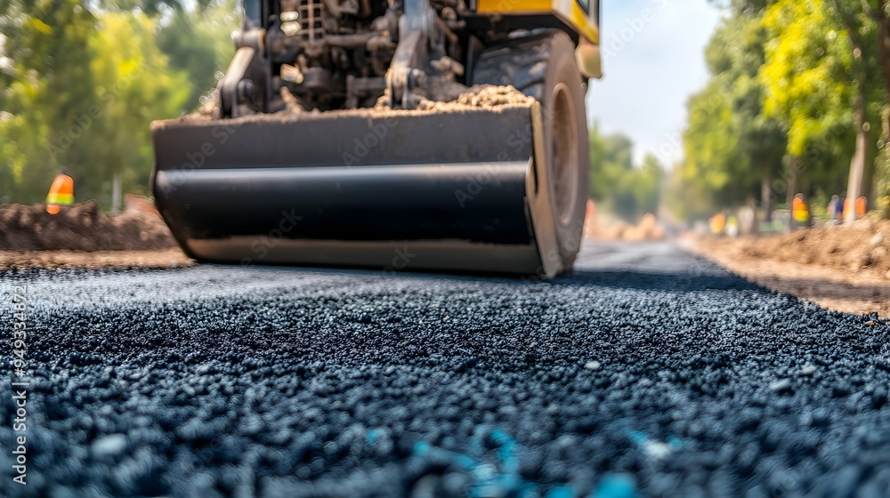 Aufkleber photograph showcasing a smart iot controlled compactor equipment in use at a road construction site 