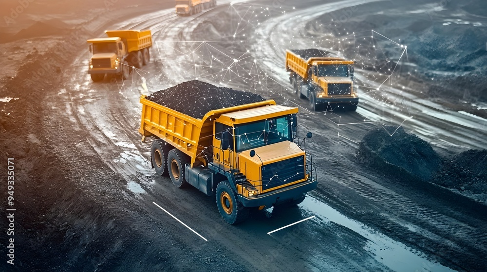 Poster photograph showcasing iot connected dump trucks operating at a road construction site highlighting t