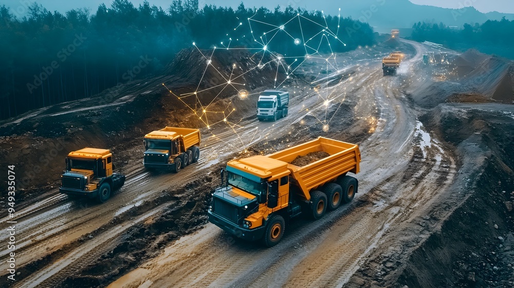 Aufkleber aerial view of iot connected dump trucks operating at a road construction site showcasing the of sma
