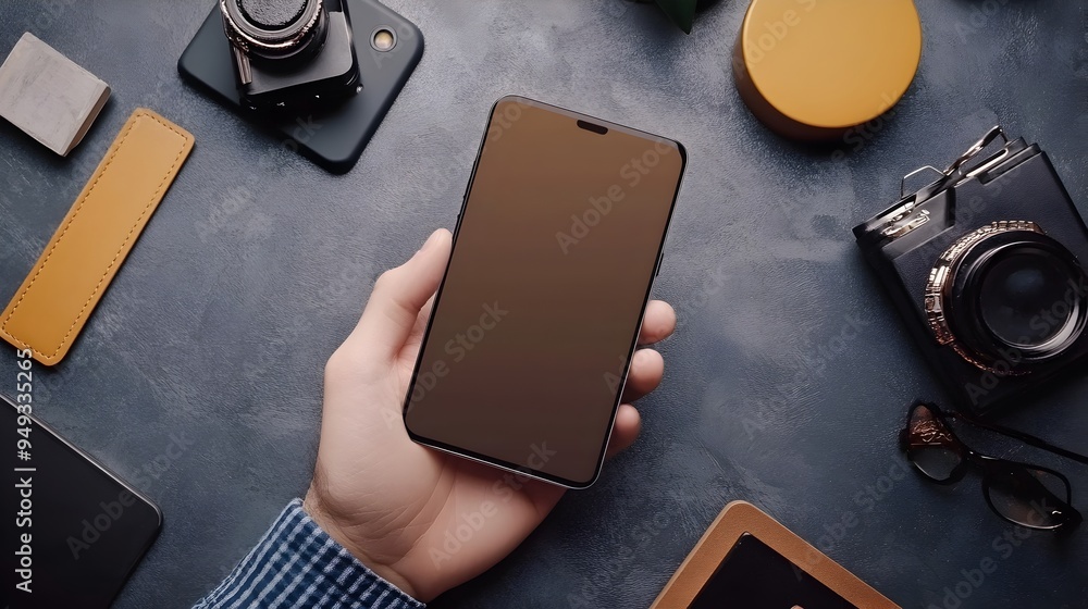 Poster hand setting smartphone on desk with surrounding items