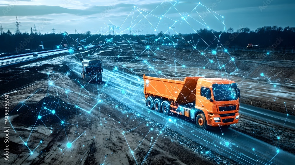 Poster photograph showcasing iot powered fleet management solution in action at a busy road construction si