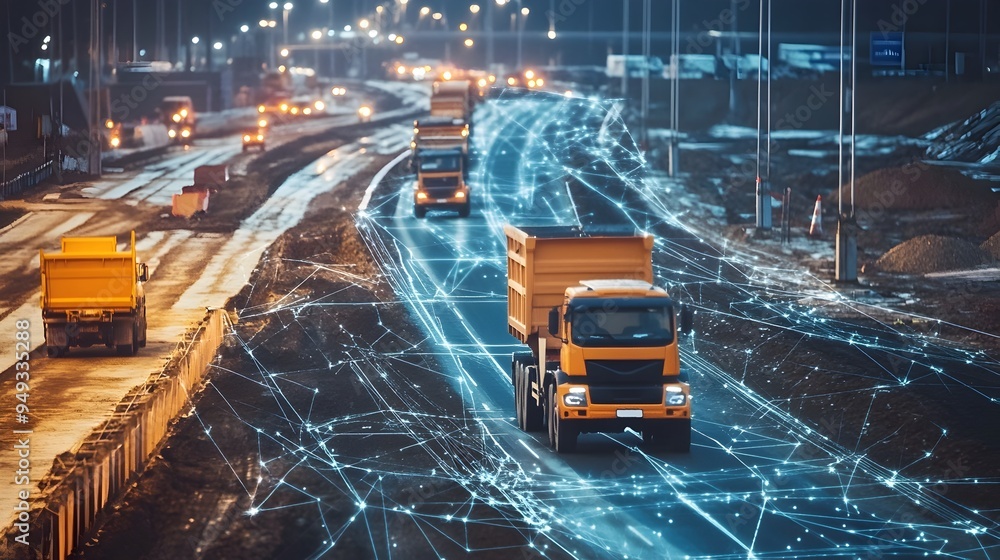 Poster cutting edge iot technology transforming fleet management at a dynamic road construction site with a