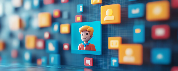 A colorful digital collage showcasing a 3D character surrounded by various profile icons and buttons, representing social media interaction.
