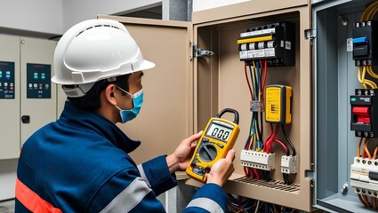 The electrician is checking the lights.