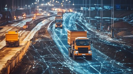 Cutting Edge IoT Technology Transforming Fleet Management at a Dynamic Road Construction Site with Ample Copy Space for Messaging or Branding