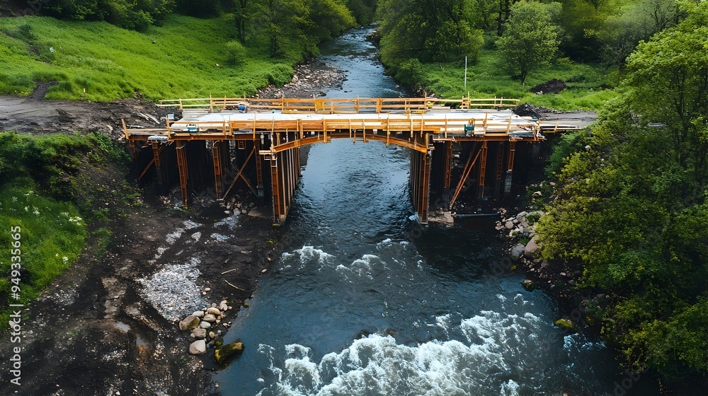 Poster partially constructed bridge spanning a river with various iot sensors and technology integrated thr