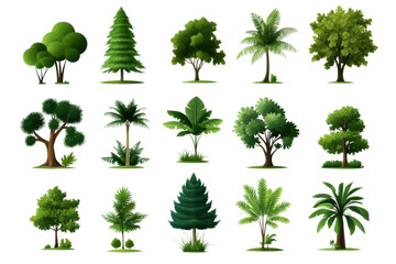 Fototapeta premium A collection of various illustrated trees, showcasing diverse shapes and shades of green, perfect for nature-themed projects.