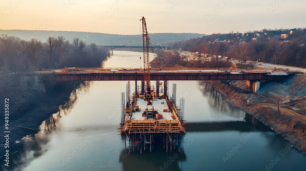 Aufkleber aerial view of a large scale bridge construction site over a river with iot based safety monitoring 