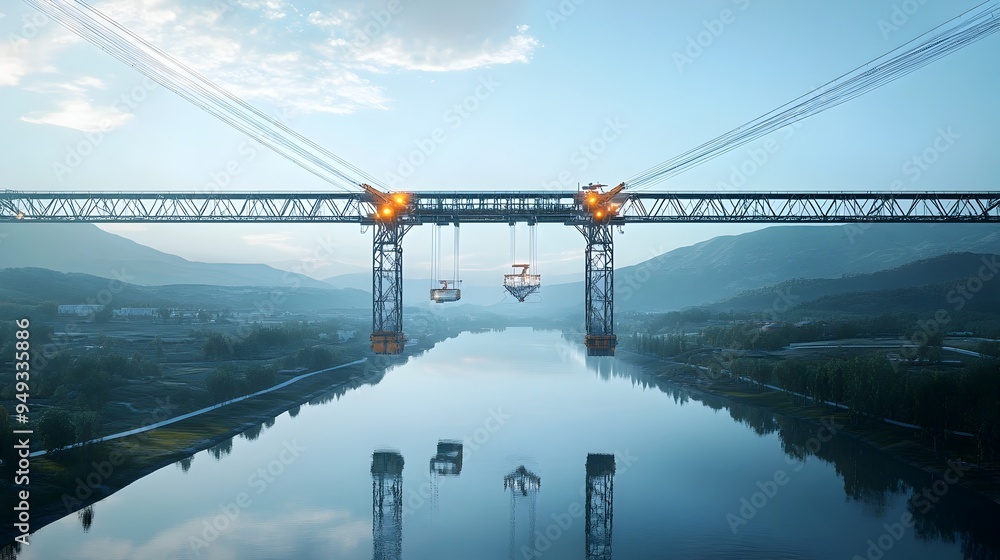 Poster aerial view of intelligent iot controlled cranes lifting prefabricated bridge segments over a wide r