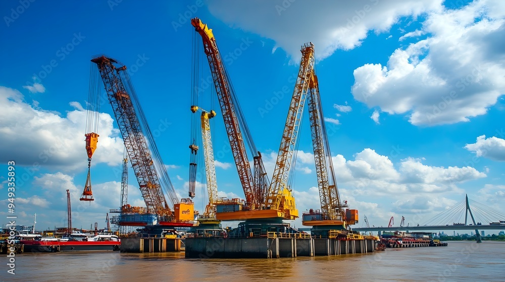 Poster innovative iot controlled cranes efficiently lifting and transporting large bridge segments across a