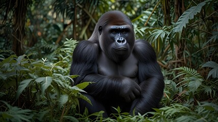 A full body shot of a gorilla sitting among thick foliage in a dense jungle, its powerful arms resting on its knees.The intensity in its eyes capture both its strength and intelligence.