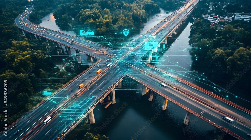 Poster automated bridge construction site with iot technology controlling traffic flow across the river
