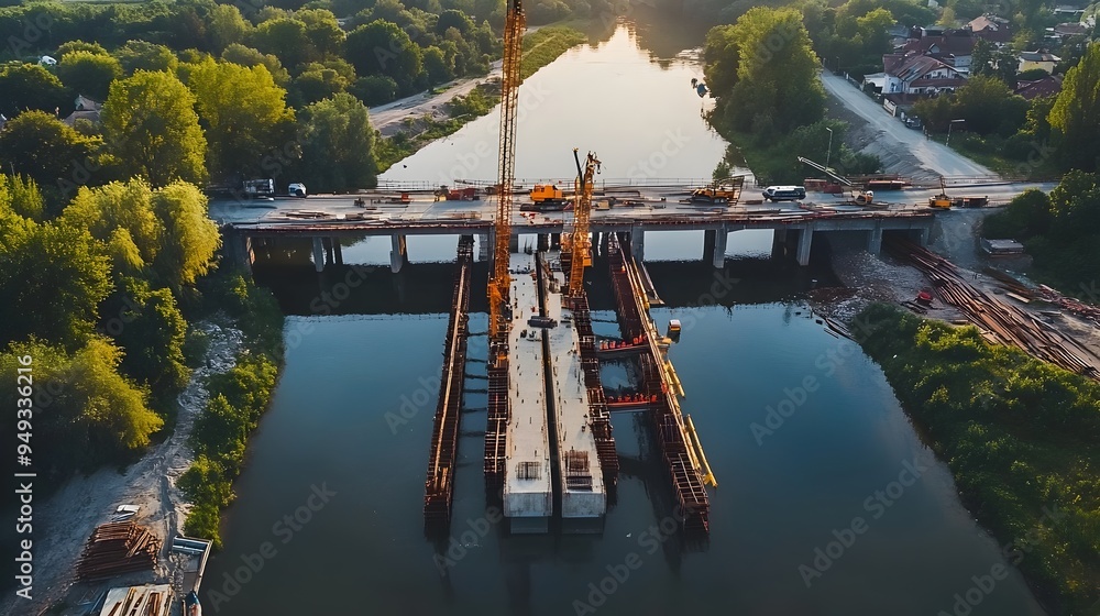Poster innovative bridge construction site with iot technology regulating and optimizing traffic flow acros