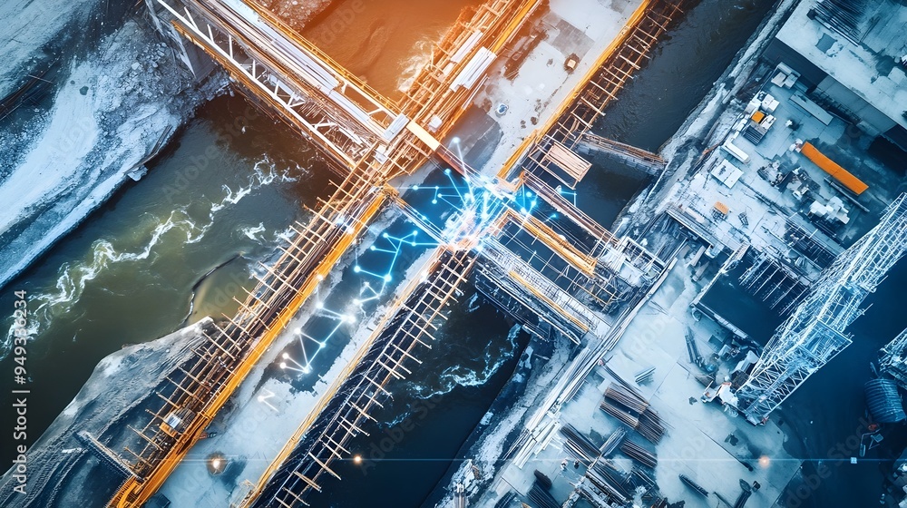 Poster innovative iot powered bridge construction site overlooking a river with advanced traffic flow contr
