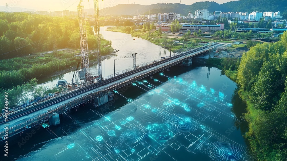 Poster iot sensors monitoring environmental impact and optimizing efficiency during bridge construction ove