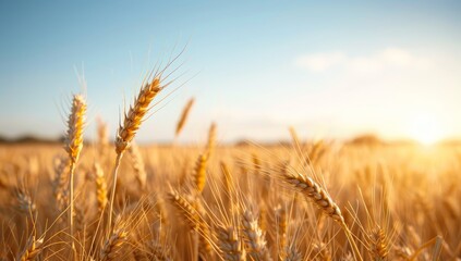 Naklejka premium A field of golden wheat with a bright sun in the background by AI generated image
