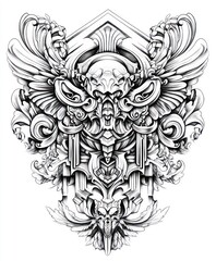 Intricate black and white design featuring stylized animal motifs and ornamental elements.