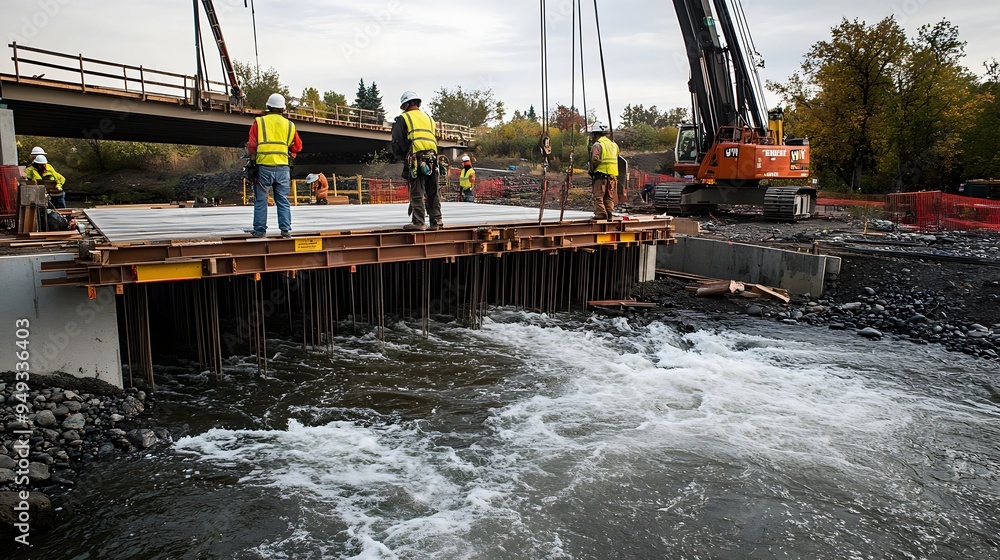 Poster skilled workers installing advanced iot enabled safety barriers on a bridge being constructed over a