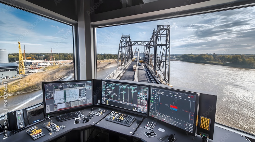 Poster iot enabled control room overseeing bridge construction project over scenic river landscape advanced