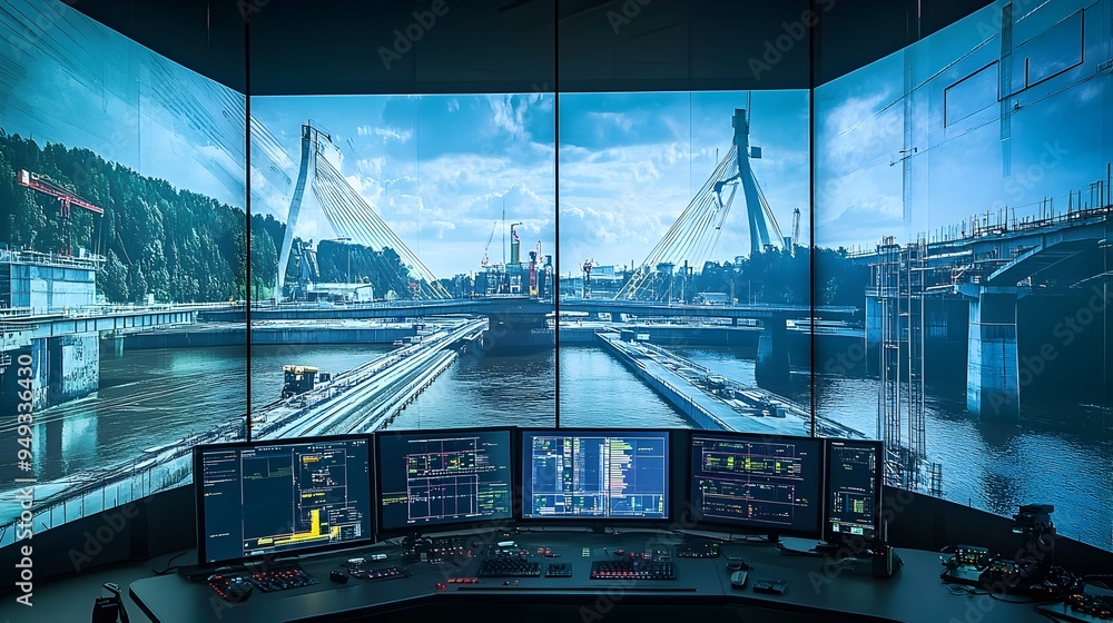 Poster iot powered control room overseeing futuristic bridge construction over a river advanced infrastruct