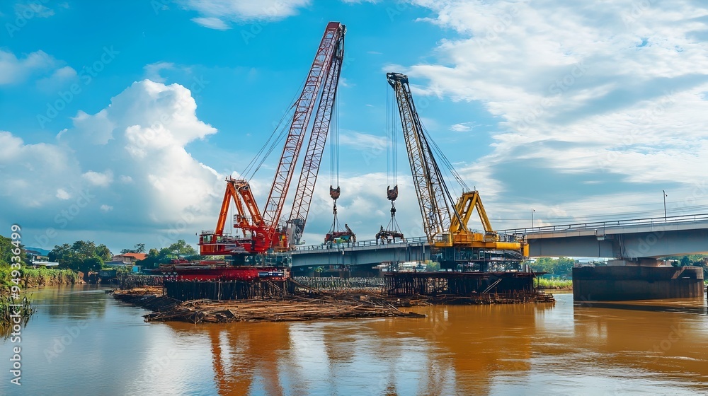 Poster innovative construction site with iot integrated cranes precisely positioning bridge components over