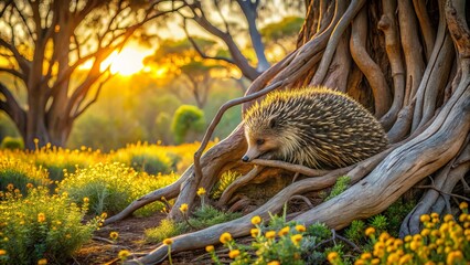 Ethereal vines enfold ancient tree trunks, cradling curled echidnas, as wildflowers sway beneath, bathed in warm golden light, exuding primal serenity.