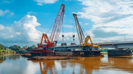 Obraz premium Innovative construction site with IoT integrated cranes precisely positioning bridge components over a river showcasing the of smart technology and automation for efficient infrastructure development