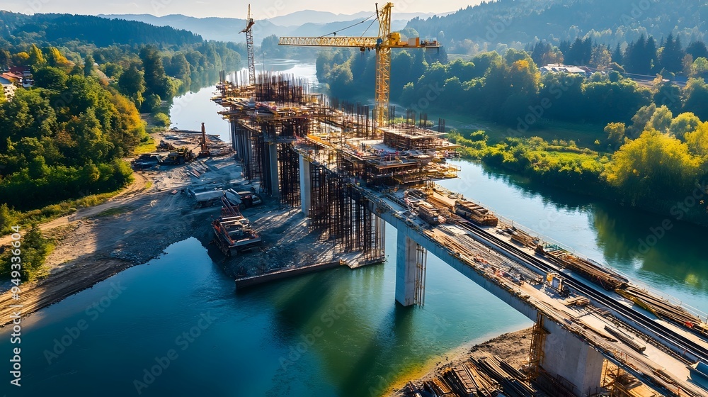 Poster aerial view of a bridge construction site utilizing iot systems to oversee logistics workflow coordi