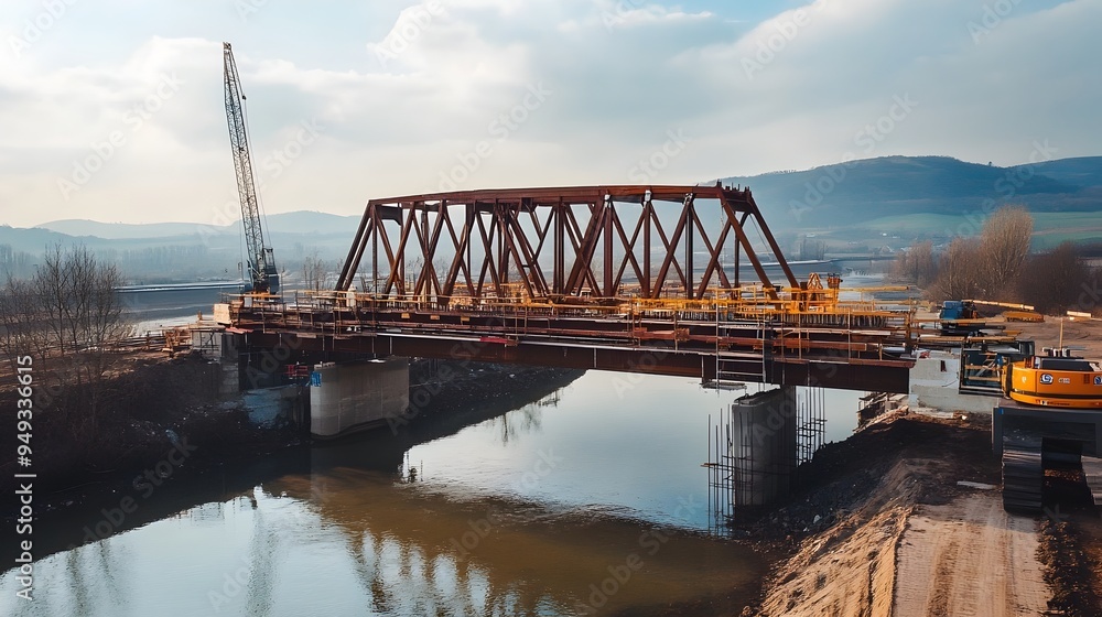 Poster photograph showcasing the construction of a smart bridge over a river utilizing advanced iot technol