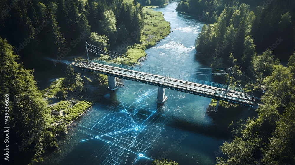 Poster photograph showcasing the construction of a smart bridge over a river utilizing advanced iot technol
