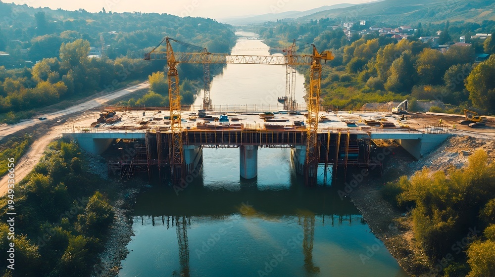 Poster a photograph capturing the construction of an innovative bridge over a river showcasing the seamless