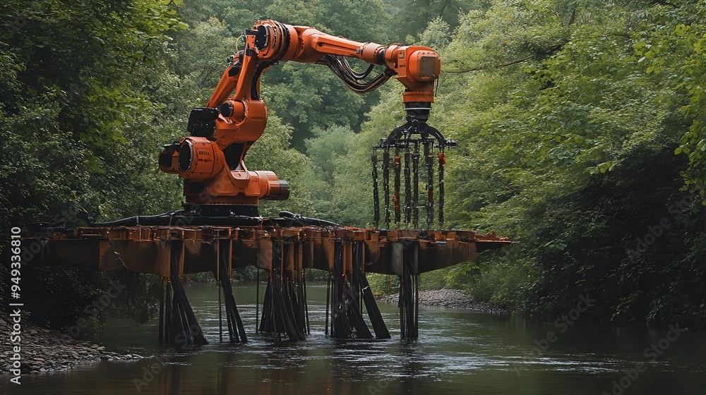 Poster a high tech robotic arm operated by iot technology meticulously assembling the structural components