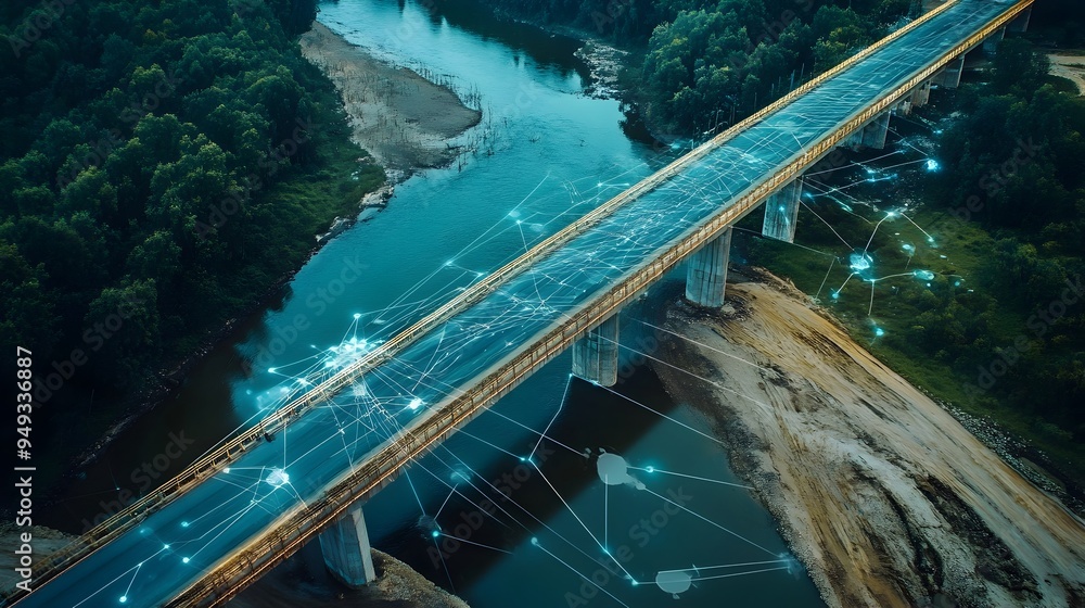 Poster aerial view of iot technology optimizing resource utilization and efficiency at bridge construction 