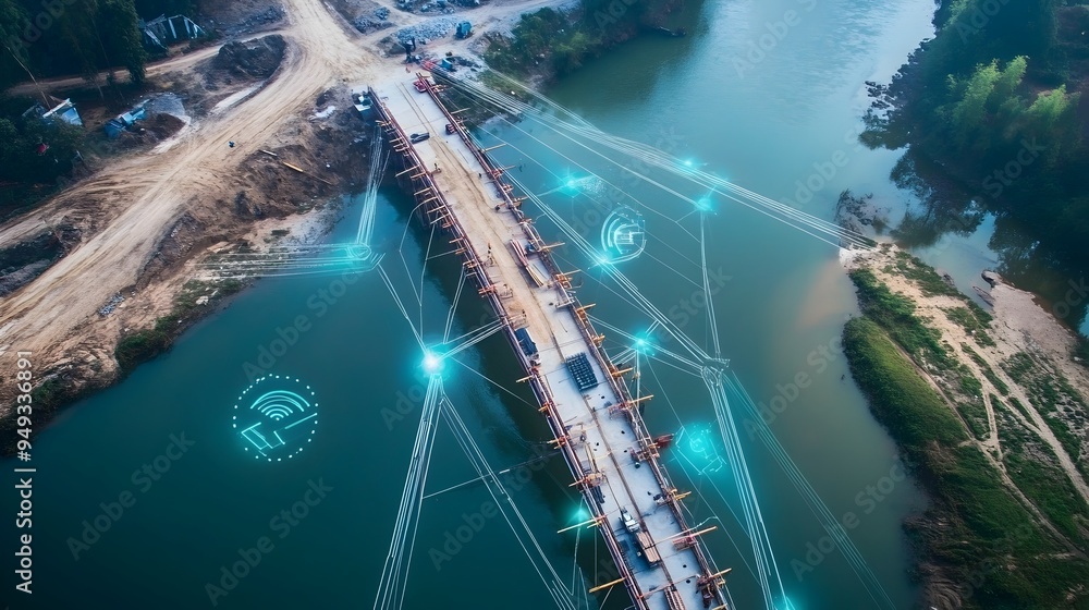 Poster aerial view of iot technology and sensors optimizing resource use and monitoring efficiency at a bri
