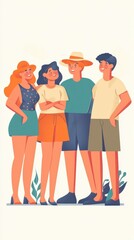 Obraz premium Friends gather under the sun, dressed in colorful summer clothes, sharing laughter and good vibes in a cheerful outdoor atmosphere