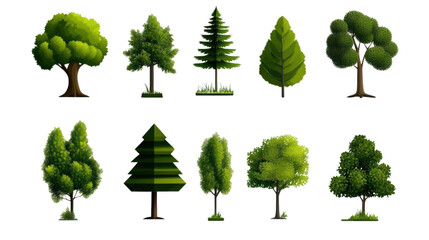 Fototapeta premium A collection of stylized trees showcasing various shapes and shades of green, perfect for nature-themed designs.