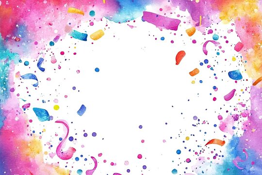 A vibrant watercolor background featuring colorful splashes and confetti, ideal for invitations or celebratory designs.