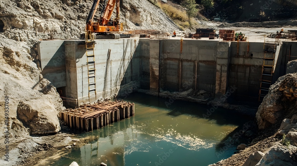 Poster aerial view of smart sensors embedded in the concrete structure of a dam under construction showcasi
