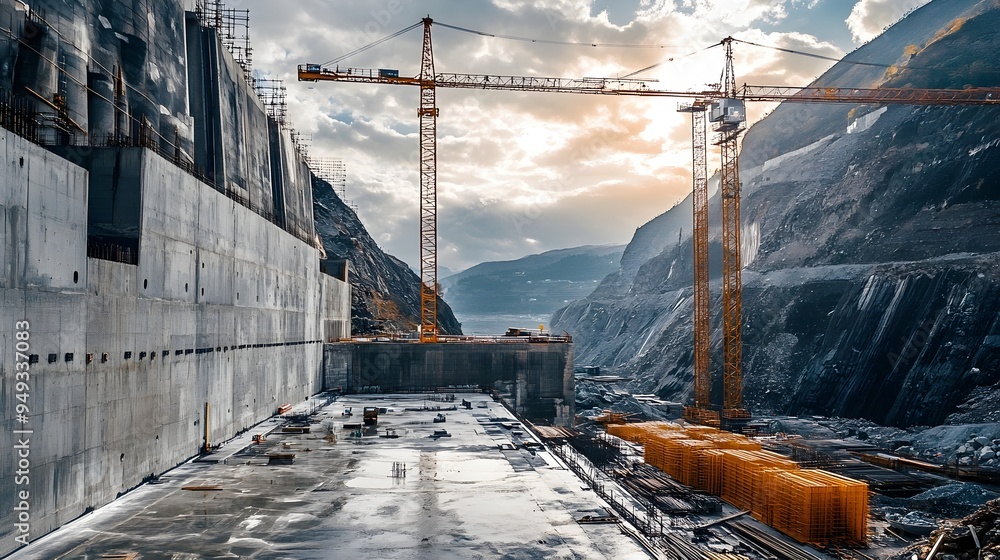Aufkleber photograph showcasing smart sensors embedded in the concrete of a dam under construction enabling re