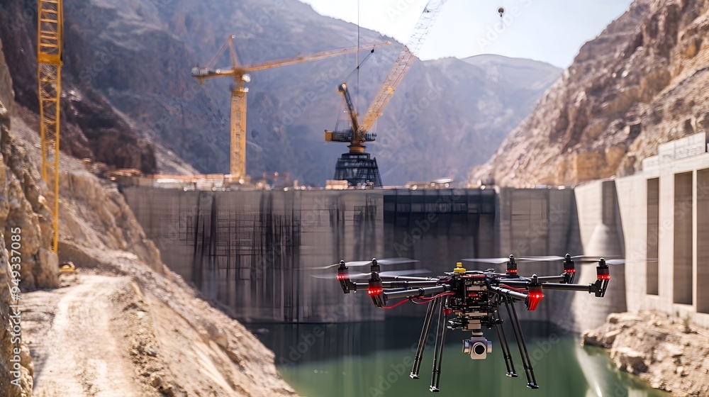 Poster aerial view of iot enabled drones surveying and monitoring the progress of a dam construction site c