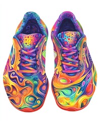 Colorful athletic shoes with a vibrant, swirling pattern.