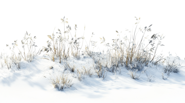 Dried plants grass bushes shrub and small plants in snow isolated on white background