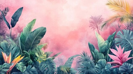 Floral and tropical rainforest scene with pink and green hues,