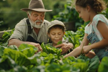 Fototapeta premium A man surrounded by two children in a peaceful garden setting, suitable for family or nature-related themes