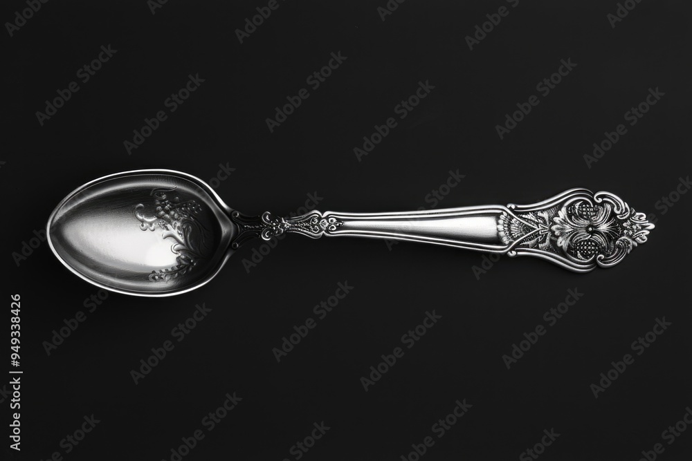 Poster close up of a silver spoon handle on a black background