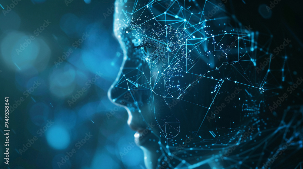 Poster lines connected to science fiction scene symbolizing. a futuristic representation of a human face in