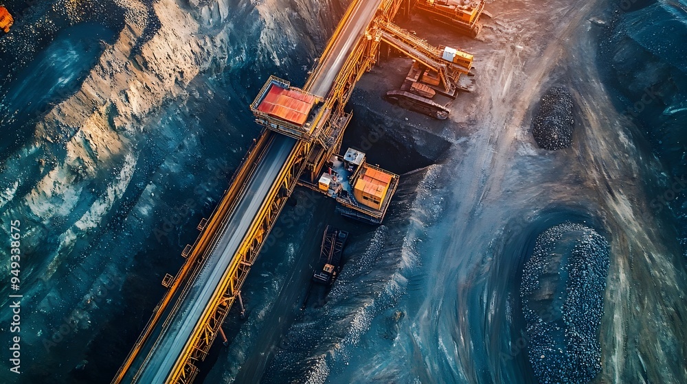 Poster automated conveyor belts transporting raw materials in a technologically advanced mining site with i