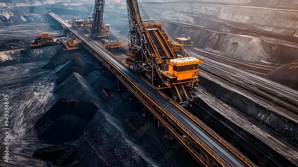 Poster automated conveyor belts transporting raw materials in a technologically advanced mining site utiliz